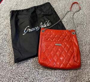Grace Adele Quilted Red Patent Faux Leather Shoulder Bag with Dust Bag